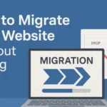 Illustration showing website migration process with SEO elements like rankings, 301 redirects, and Google Search Console
